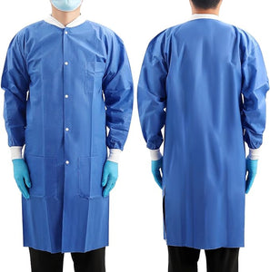 NuMedical SMS Disposable Lab Coat, Blue Color, Knee Length with Knit Cuff & Collar & 3 Pockets, 991450-991453