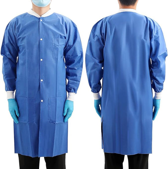 NuMedical SMS Disposable Lab Coat, Blue Color, Knee Length with Knit Cuff & Collar & 3 Pockets, 991450-991453